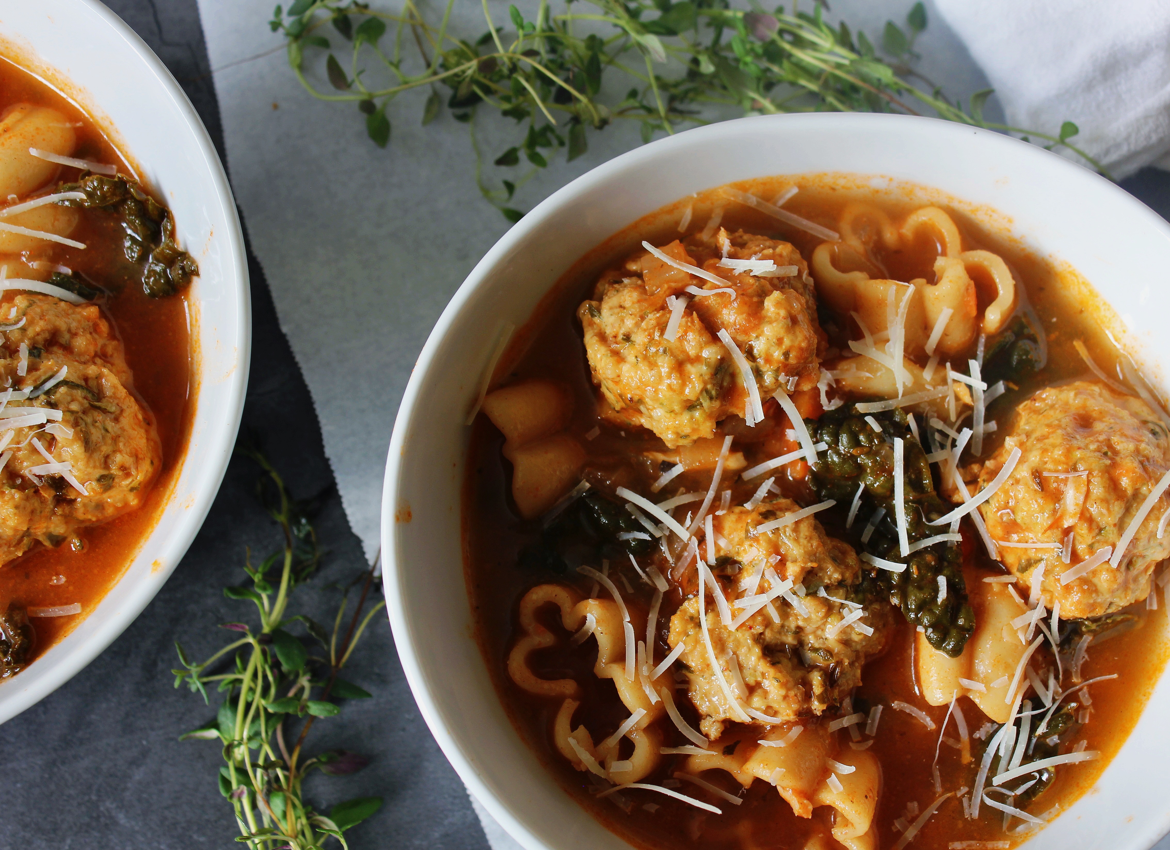 Red Turkey Meatball and Kale Noodle Soup