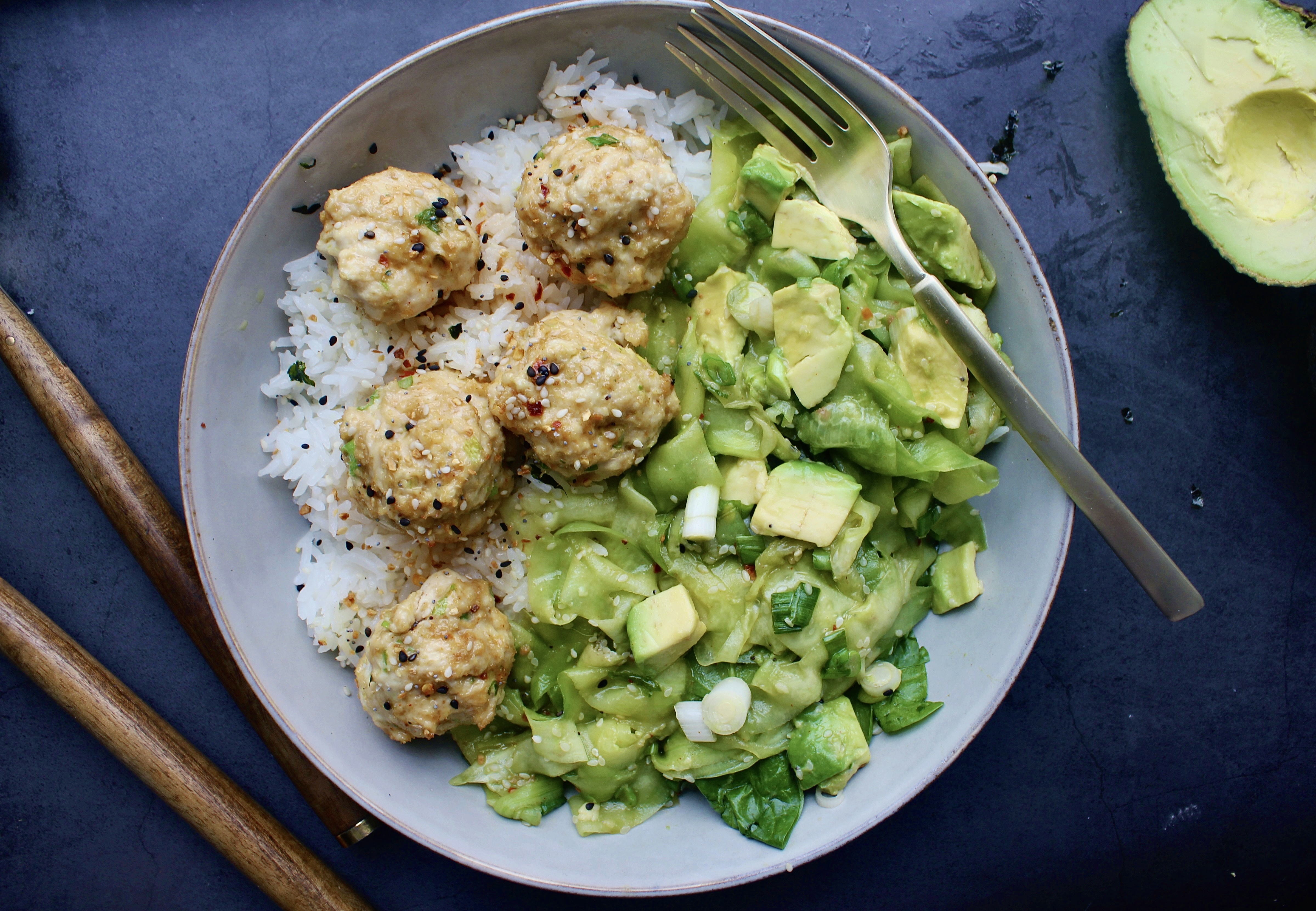 Scallion Pork Meatball and Avocado Cucumber Bowls