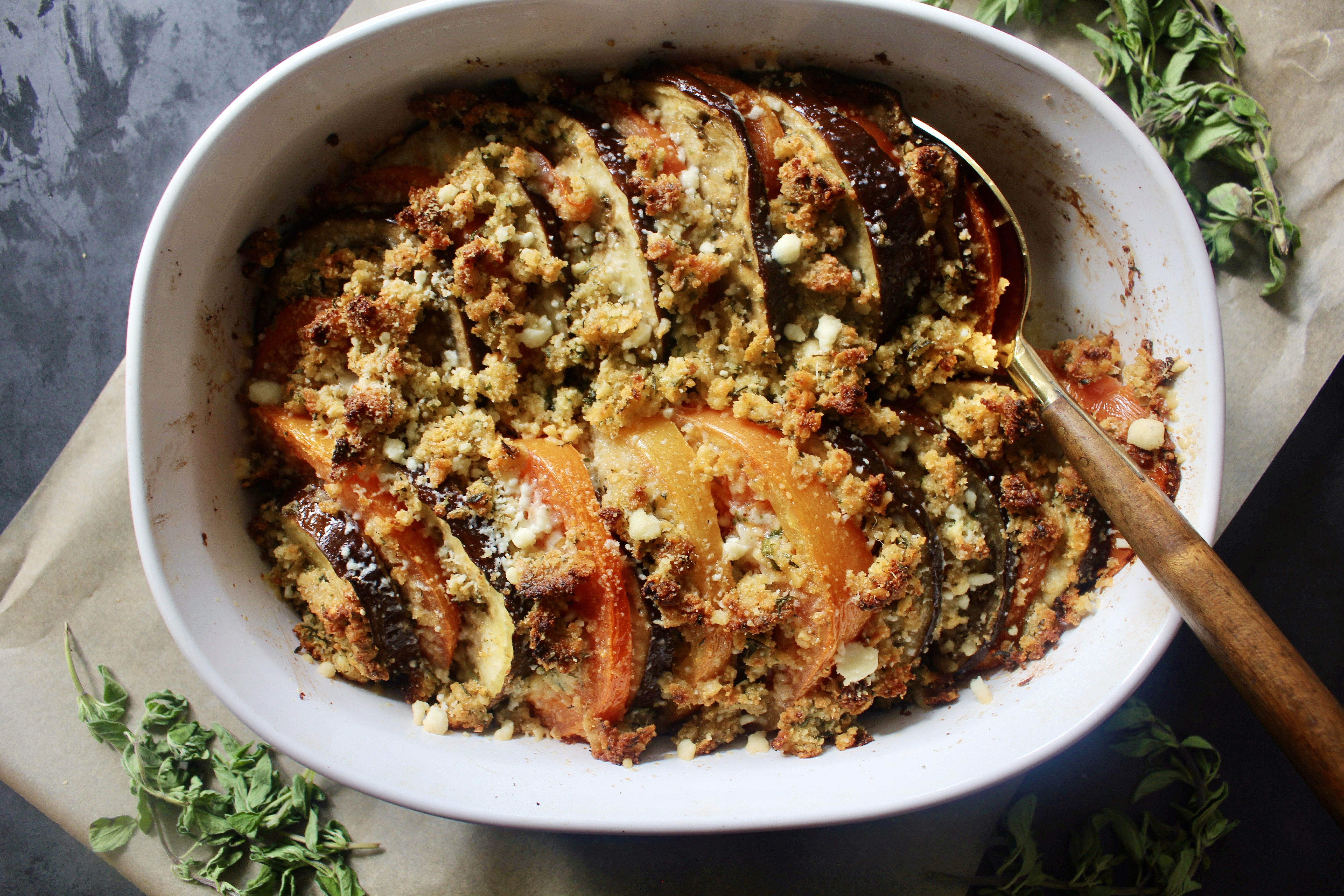 On Annie's Menu - Panko Baked Eggplant and Tomatoes