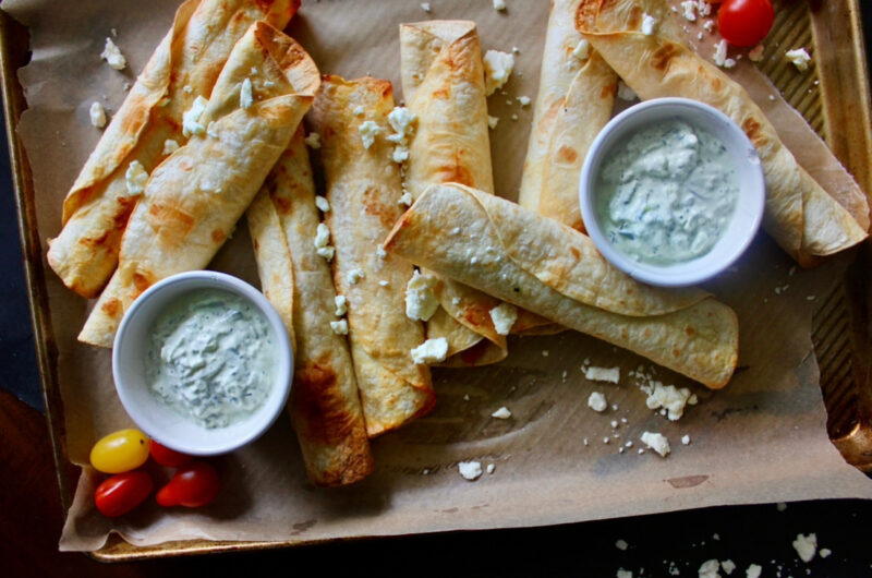 Baked Greek Chicken Taquitos with Tzatziki Sauce