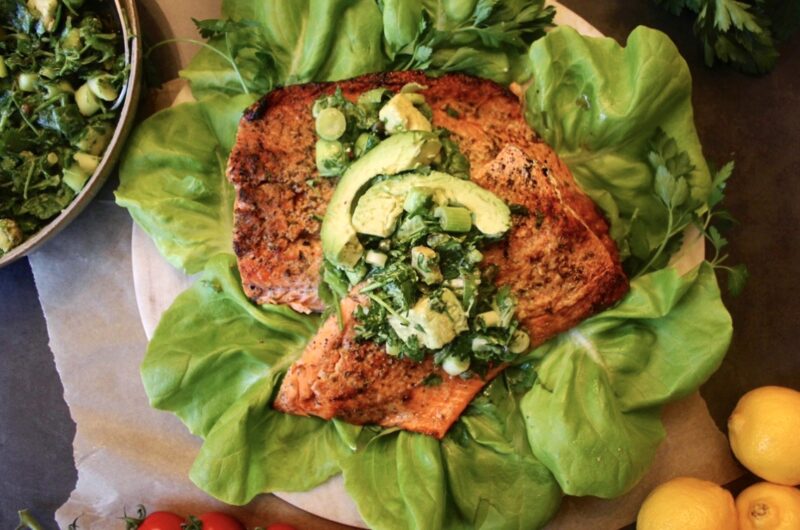 Seared Salmon with Avocado Caper Herb Salad