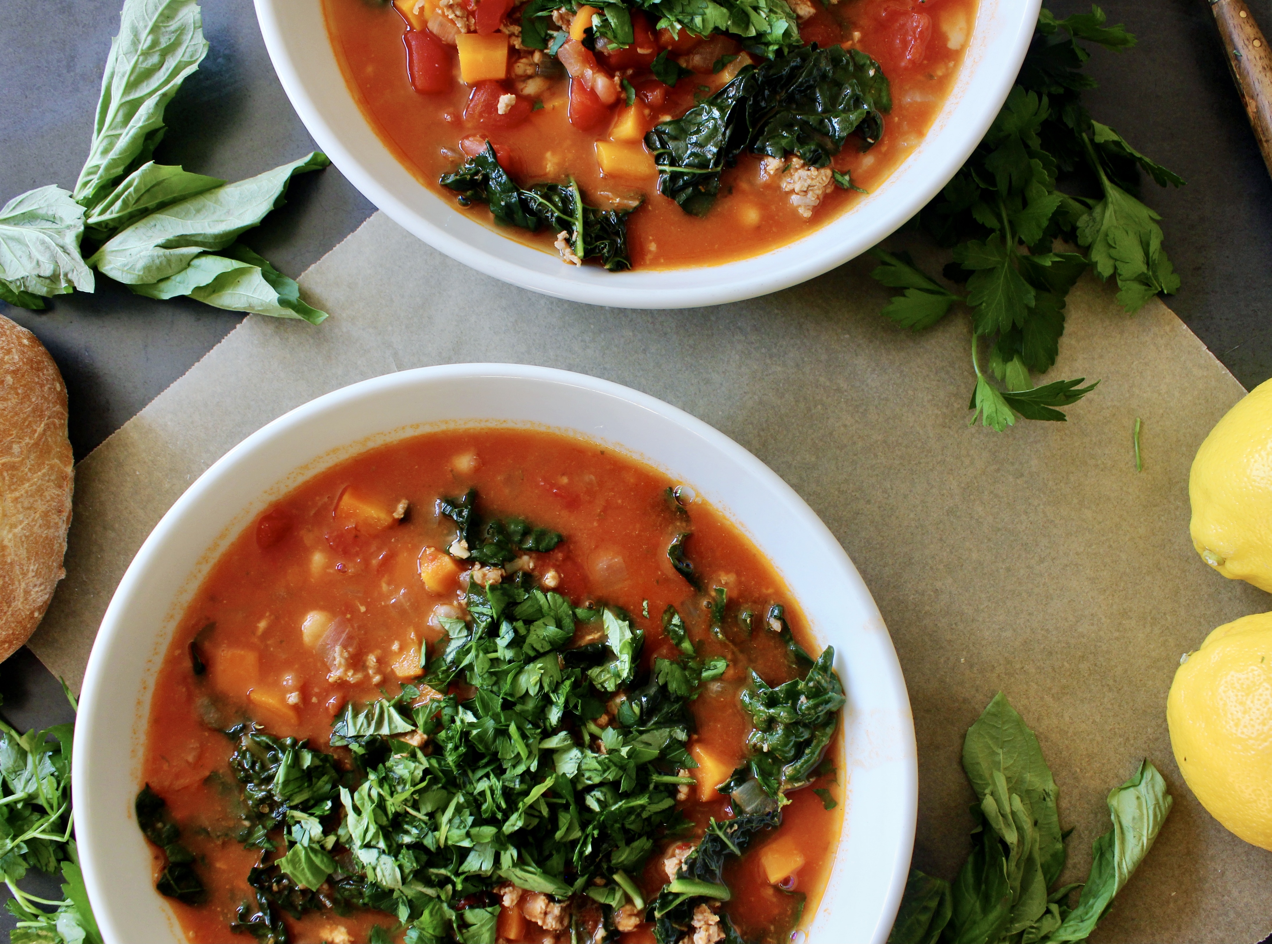 Herbed Tomato Turkey Soup with Lemony Greens