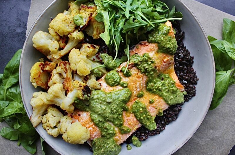 Crispy Baked Salmon with Pistachio Basil Pesto, Lentils, and Cauliflower