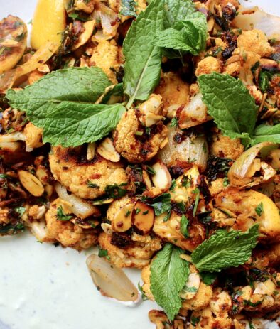 Harissa Roasted Cauliflower with Toasted Almonds and Feta Yogurt