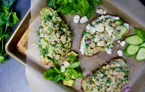 On Annie's Menu - With a delicious base of mashed chickpeas, fresh herbs, and all the flavors, these Lemon Herb Chickpea Salad Tartines Three Ways take your traditional toast above and beyond!