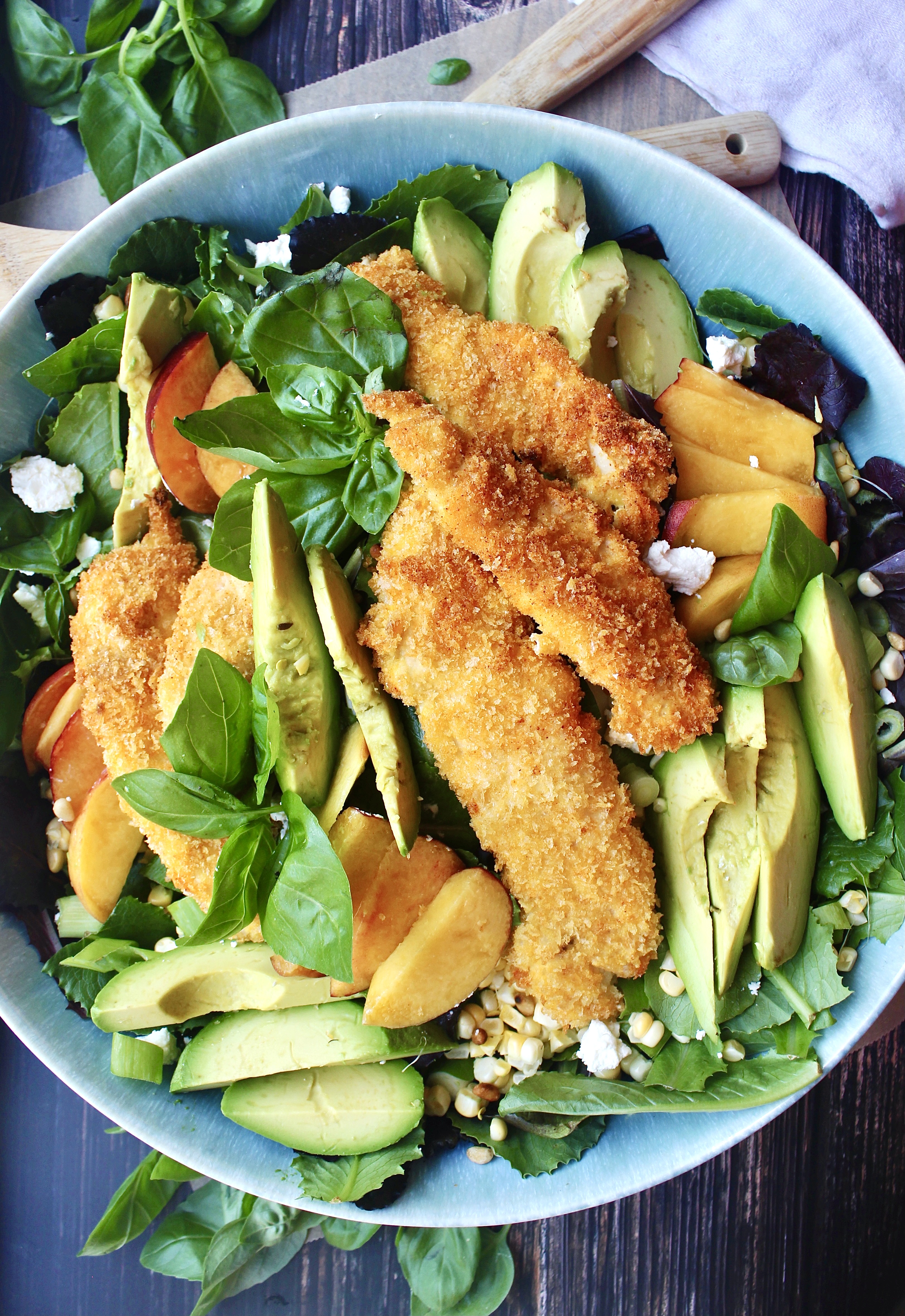 Crispy Chicken Peach and Avocado Salad