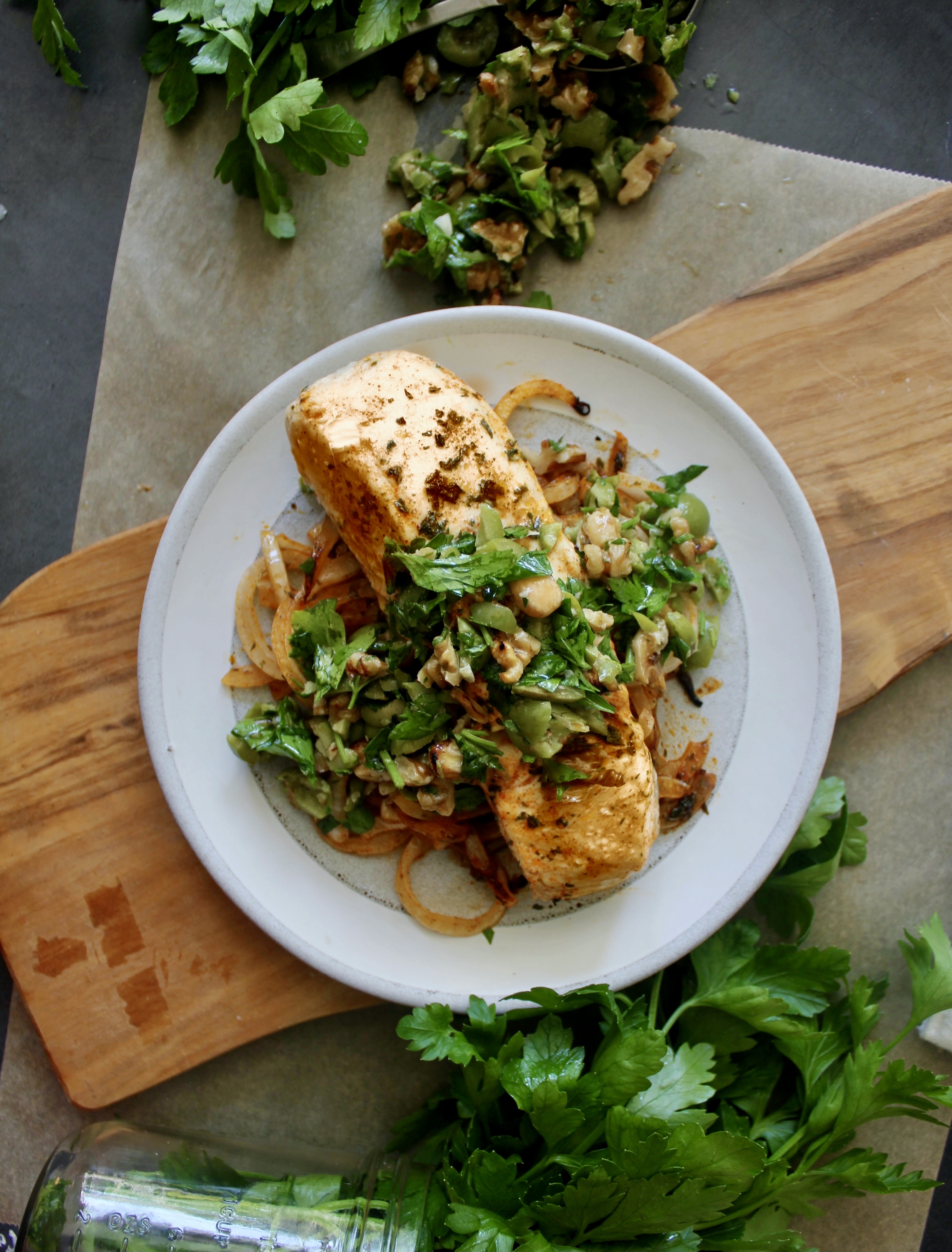 Decadent flaky fish baked in a spiced lemon oil finished off with a rich an