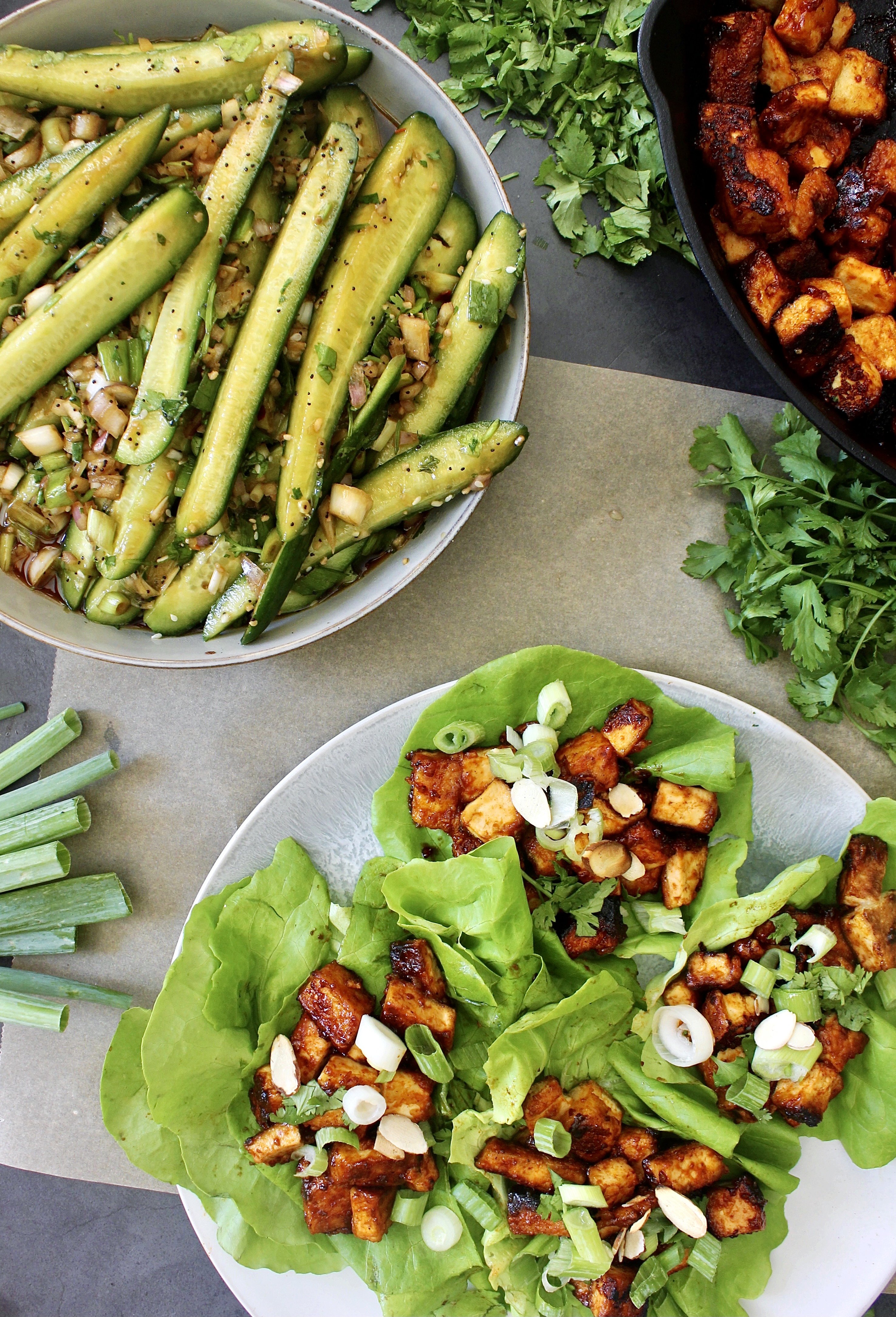 Crispy pan fried tofu tossed in a spicy Asian chili sauce and tucked into cooling butter lettuce: these Gochujang Tofu Lettuce Wraps are my all time fav!!