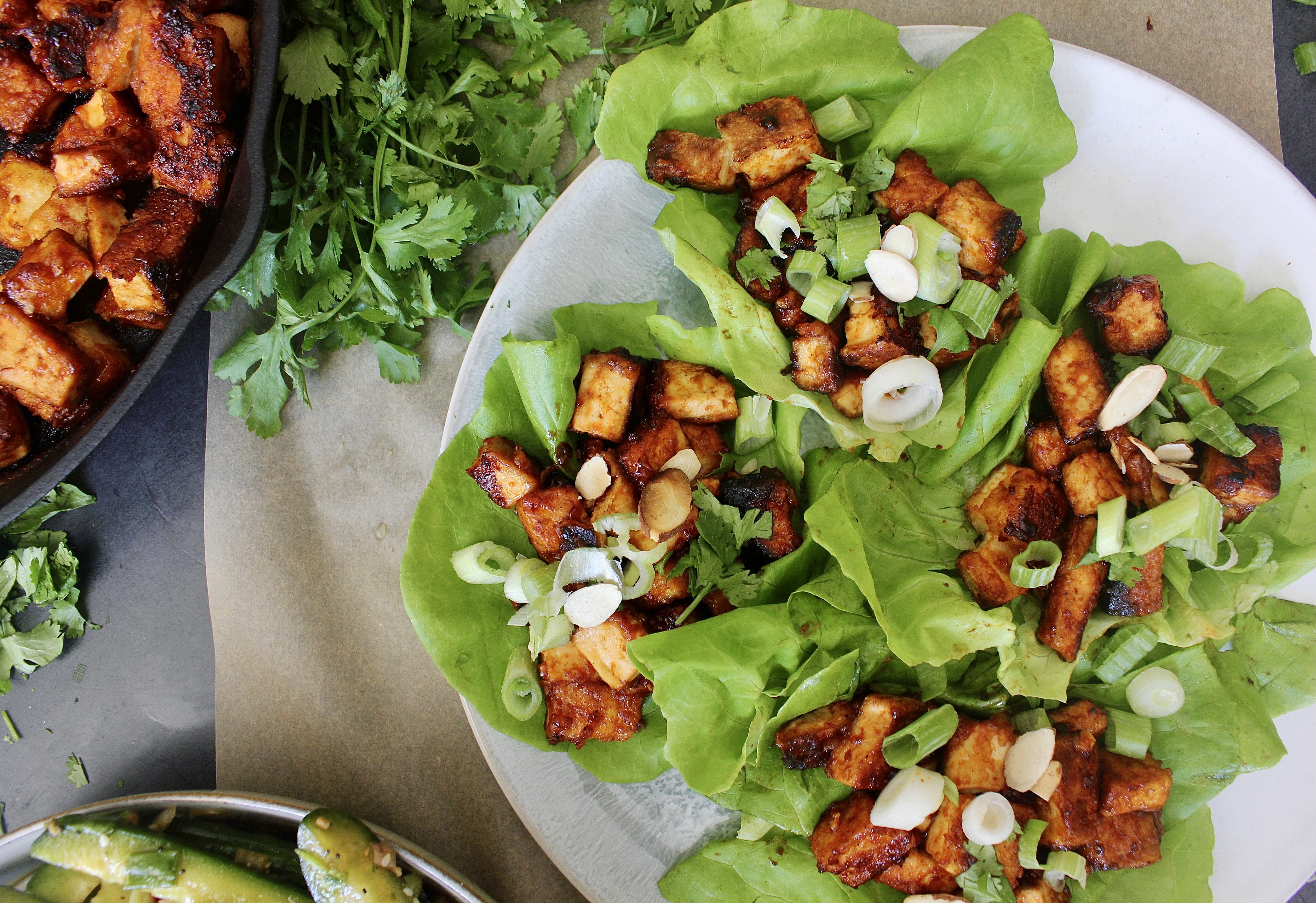 Crispy pan fried tofu tossed in a spicy Asian chili sauce and tucked into cooling butter lettuce: these Gochujang Tofu Lettuce Wraps are my all time fav!!