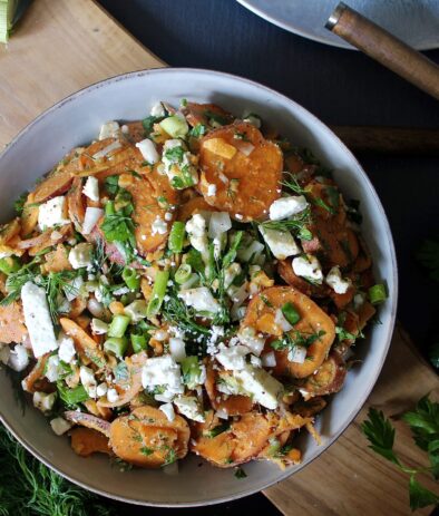 Sliced sweet potatoes and all the good Mediterranean flavors tossed in a simple Dijon vinaigrette: this Greek Style Dijon Sweet Potato Salad really has it all!!