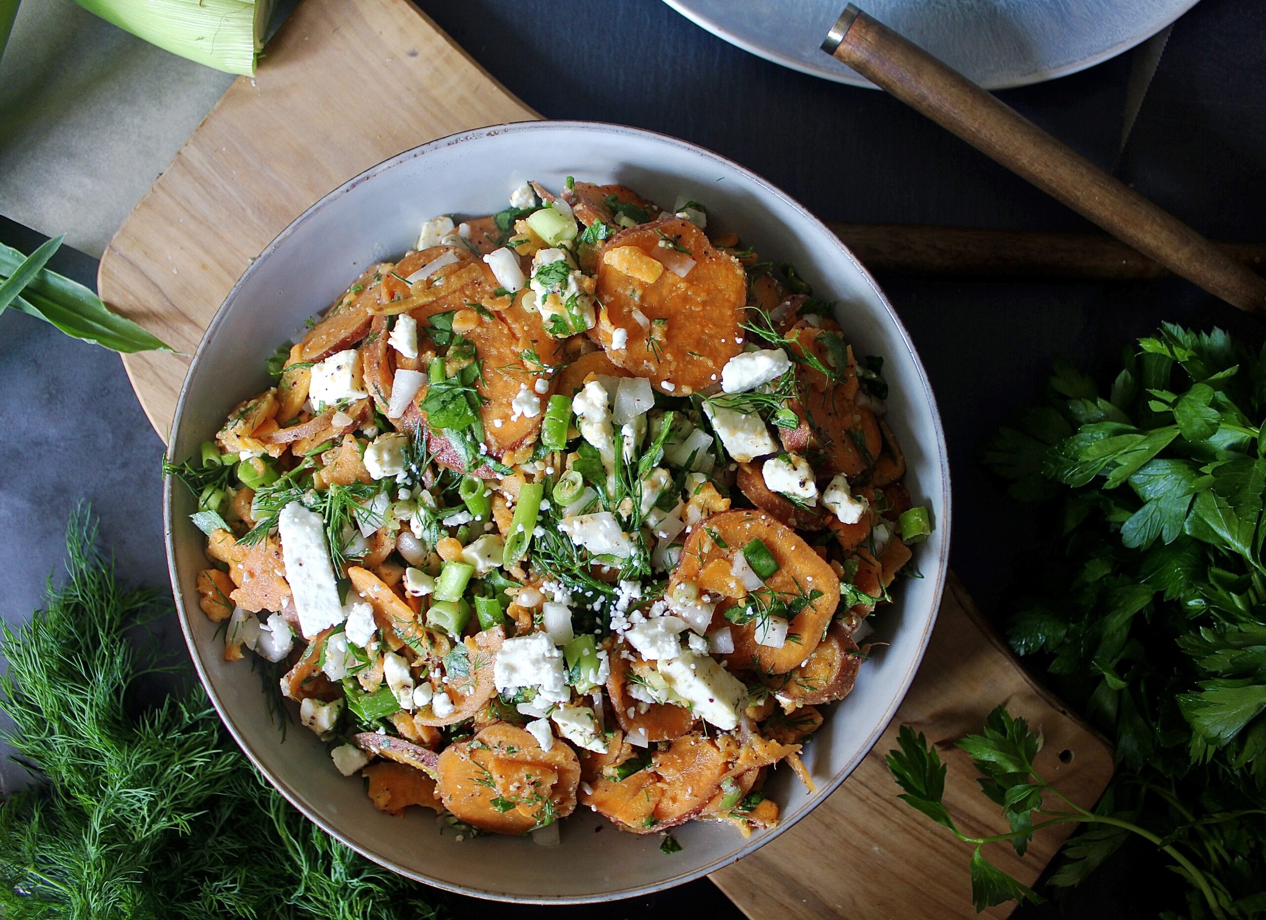 Sliced sweet potatoes and all the good Mediterranean flavors tossed in a simple Dijon vinaigrette: this Greek Style Dijon Sweet Potato Salad really has it all!!