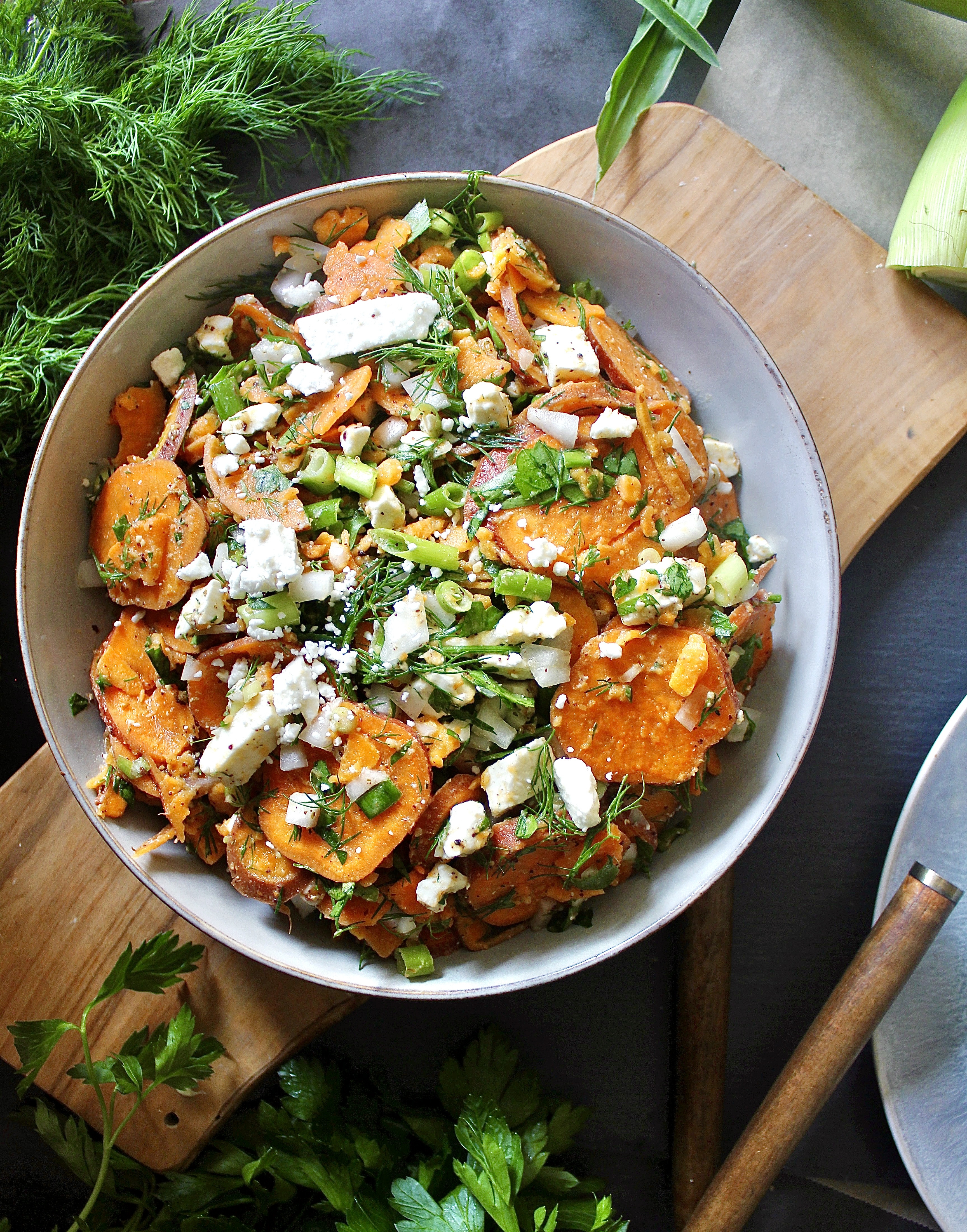  Sliced sweet potatoes and all the good Mediterranean flavors tossed in a simple Dijon vinaigrette: this Greek Style Dijon Sweet Potato Salad really has it all!!