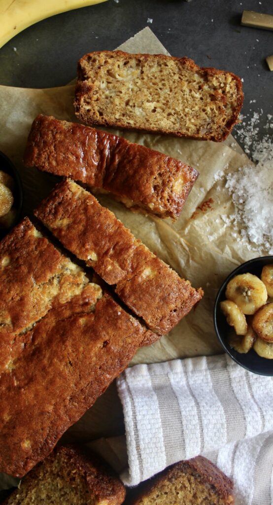 Decadent, perfectly sweet, and extremely moist: Dops’ Browned Butter Banana Bread with Caramelized Bananas truly trumps ALL other banana breads out there. 