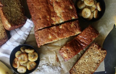 Decadent, perfectly sweet, and extremely moist: Dops’ Browned Butter Banana Bread with Caramelized Bananas truly trumps ALL other banana breads out there.