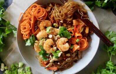 Wok seared shrimp tossed in saucy glass noodles with all the veggies: this Korean Glass Noodle Shrimp Stir Fry is the best easy weeknight dinner!