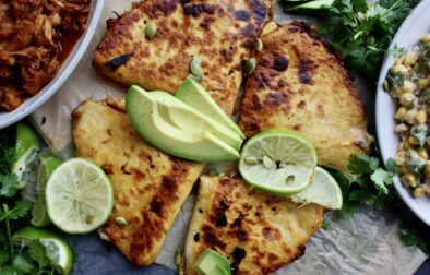 Smoky, juicy pulled jackfruit carnitas tucked into a cheesy tortilla served with avocado and my Super Simple Mexican Corn Dip: these Jackfruit Carnitas Quesadillas with Mexican Corn Dip are the ultimate healthy vegetarian munchie.