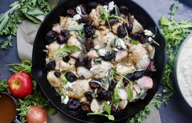 Crispy seared chicken thighs, figs, and shallots baked in a herbaceous dijon honey apple cider and topped off with creamy goat cheese and a balsamic glaze: this Cast Iron Apple Cider Chicken and Figs is the easiest, warming meal.