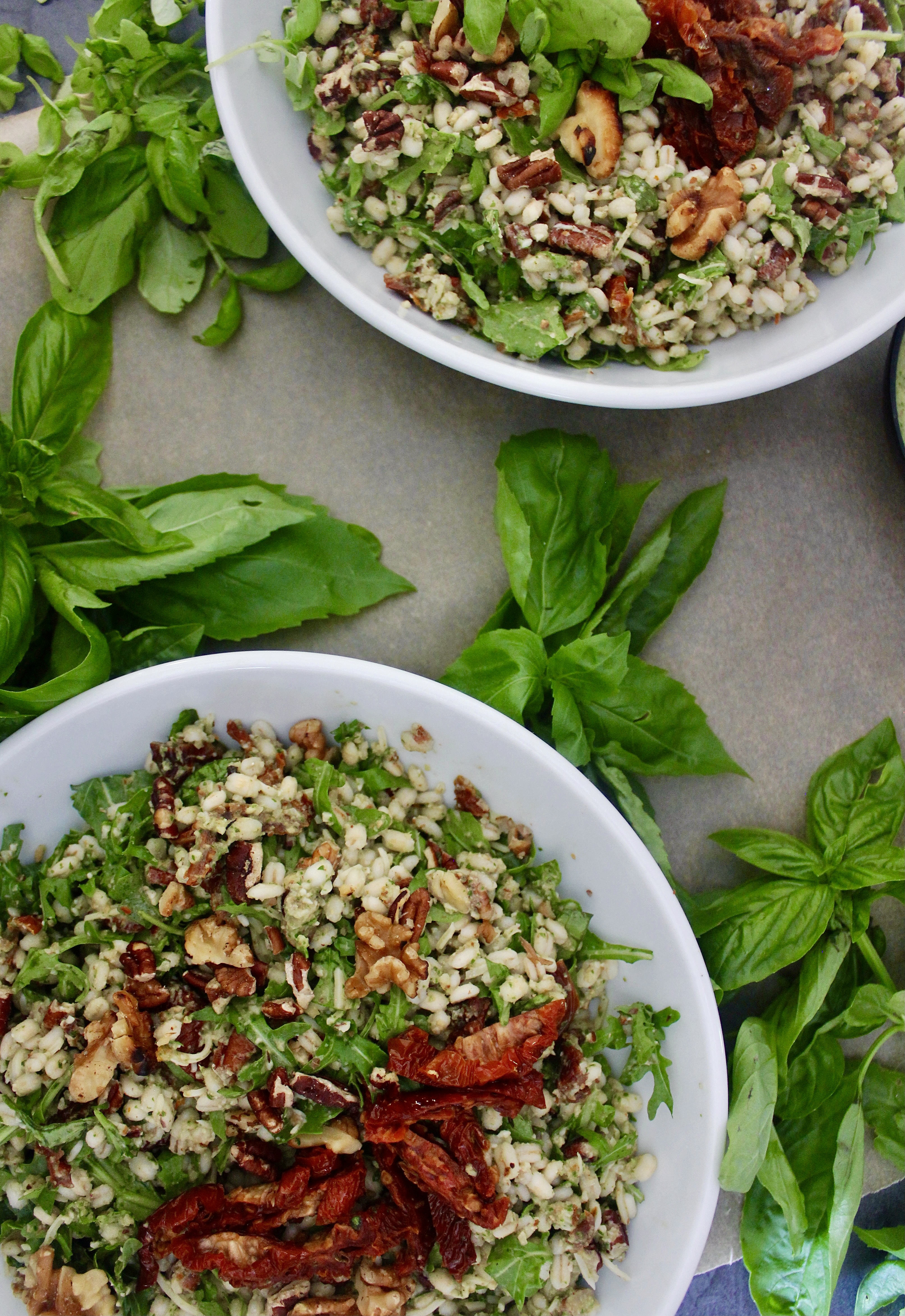 \The easy, nutrient-packed, and oh-so flavorful bulgur salad loaded with parmesan, arugula, and walnuts: this Basil Pesto and Sun Dried Tomato Bulgur Salad is one of my go-to recipes!!