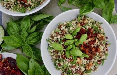 The easy, nutrient-packed, and oh-so flavorful bulgur salad loaded with parmesan, arugula, and walnuts: this Basil Pesto and Sun Dried Tomato Bulgur Salad is one of my go-to recipes!!