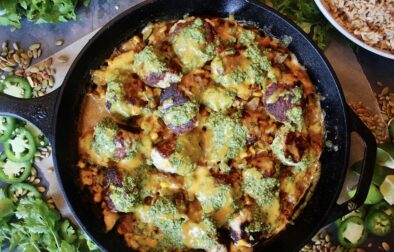 Crispy, juicy chicken meatballs in a cheesy creamy corn skillet all baked under a tangy cilantro jalapeño chutney: this Creamy Jalapeño Cheddar Chicken Meatball Skillet is the healthy comfort food we all need in our lives.