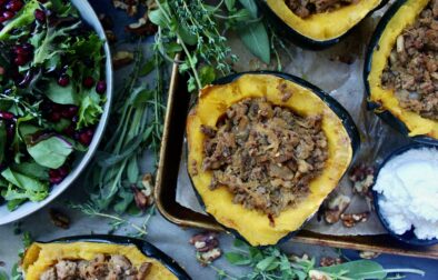 A cozy, spiced turkey, mushroom, and shredded apple filling mixed up with parmesan cheese and stuffed into roasted squash: this Turkey Apple Stuffed Acorn Squash is the best fall meal!!