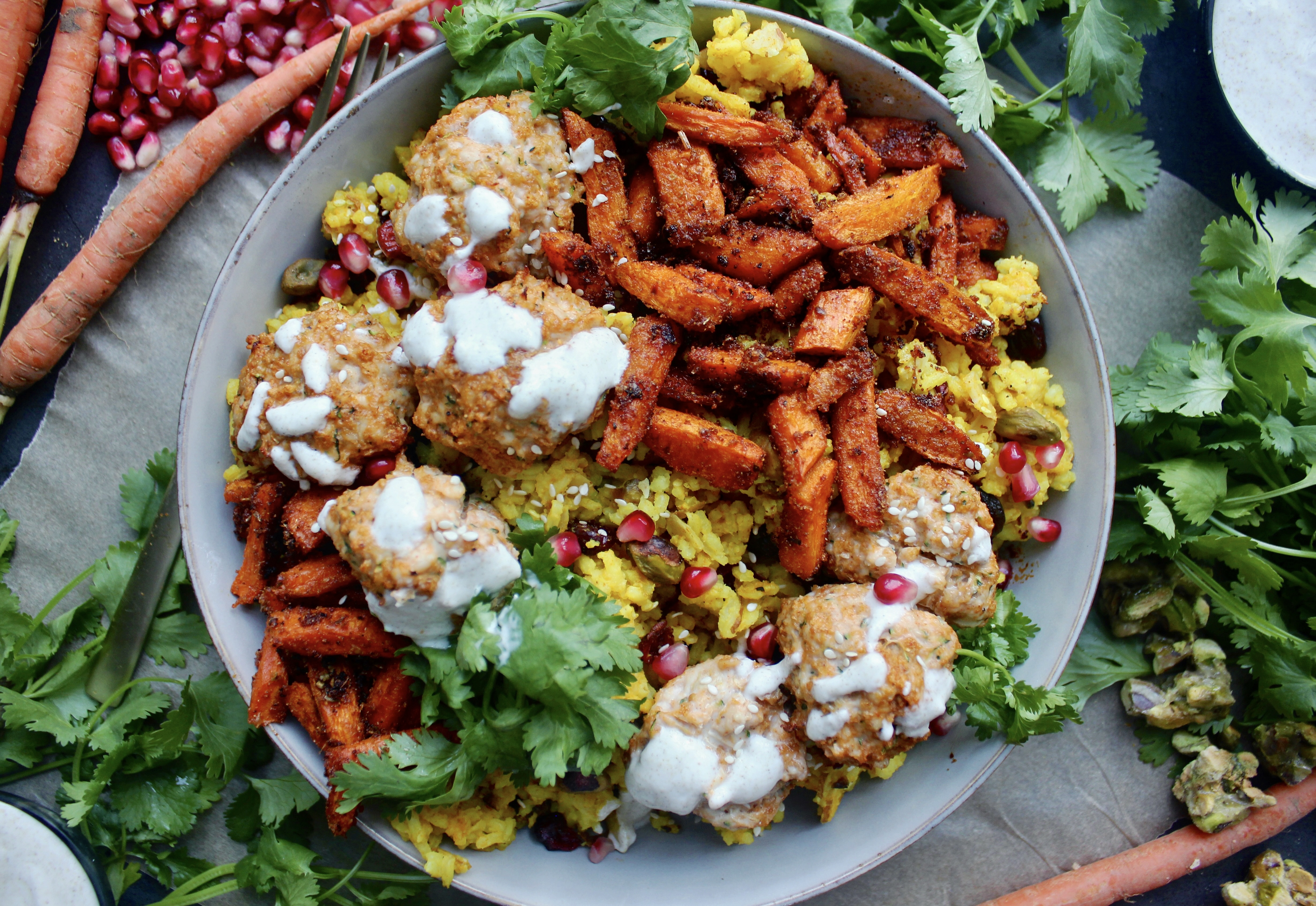 Super Simple Golden Rice and Moroccan Meatball Bowls