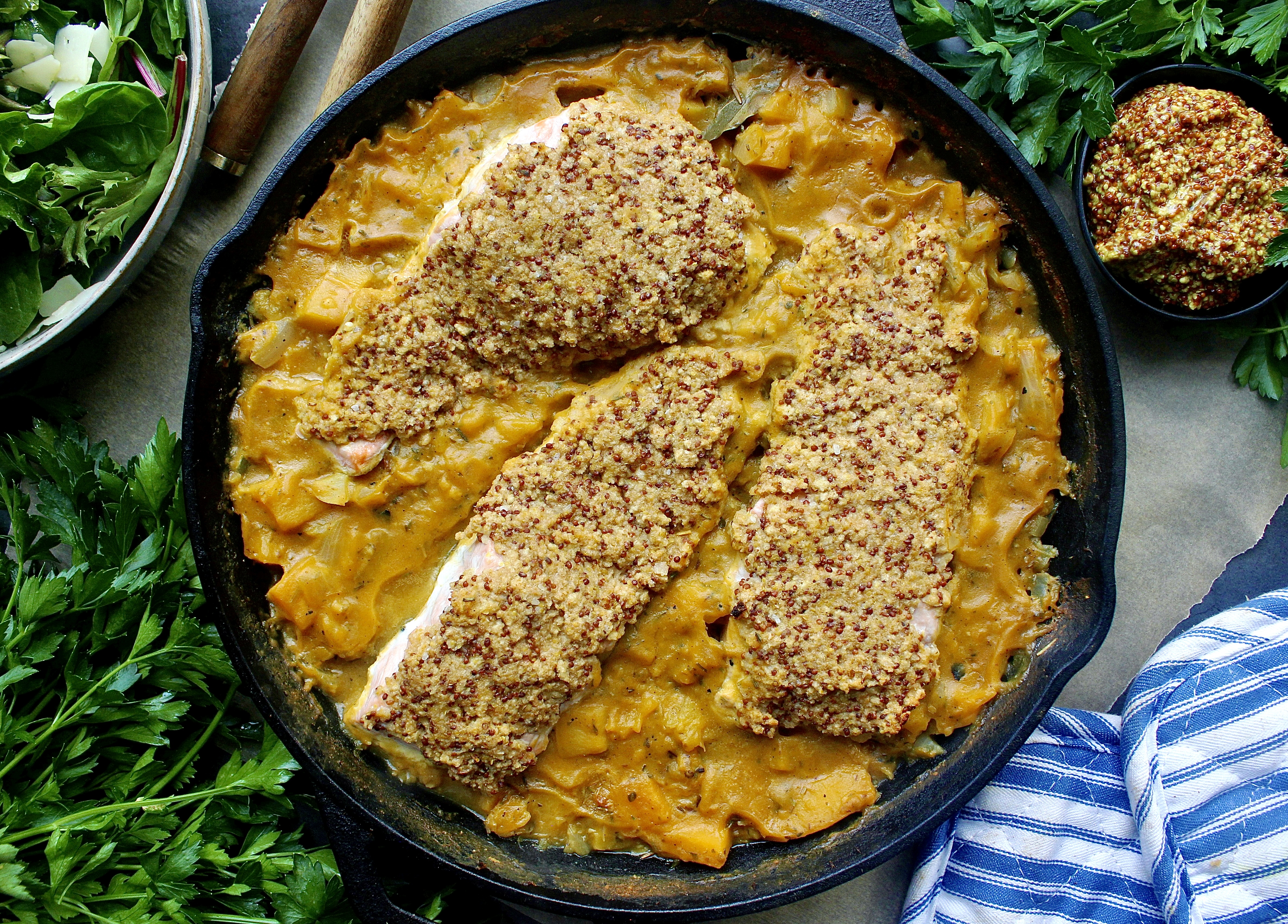 A healthy creamy mustard sauce baked up with butternut squash and crispy maple mustard crusted salmon: this Dijon Maple Crusted Salmon and Butternut Squash  is out of this world amazing!!!