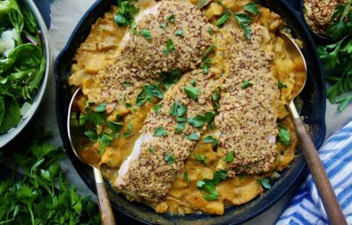 A healthy creamy mustard sauce baked up with butternut squash and crispy maple mustard crusted salmon: this Dijon Maple Crusted Salmon and Butternut Squash is out of this world amazing!!!