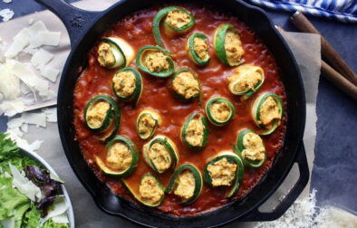 An herby pumpkin and cheese filling rolled up in zucchini and baked up in an autumn inspired sauce: this Creamy Ricotta and Pumpkin Zucchini Rollatini is the easiest cozy dinner!