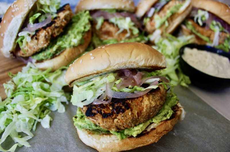 Sweet Potato Pulled Chicken Tahini Burgers