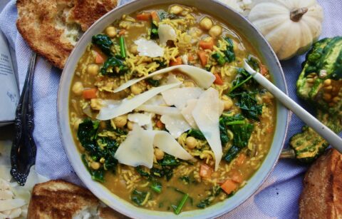 Warming, ginger and turmeric spiced veggies mixed into a healthy creamy broth fluffed up with flaky basmati rice: this Turmeric Immunity Chickpea and Rice Soup is my favorite cozy meal!