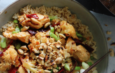 Oven roasted crispy cauliflower and perfectly seared chicken tossed in a sweet and spicy kung pao sauce and topped with toasted peanuts and scallions… this Crispy Kung Pao Chicken and Cauliflower is a super simple dinner that’s honestly better than takeout!