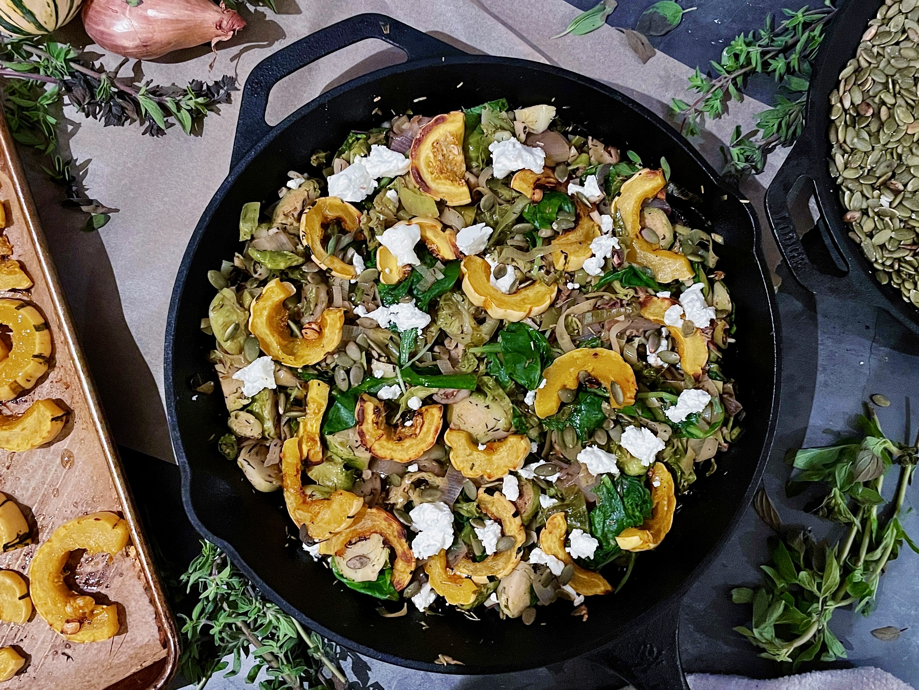 Herbed Brussels, Leeks, and Roasted Delicata Squash Hash