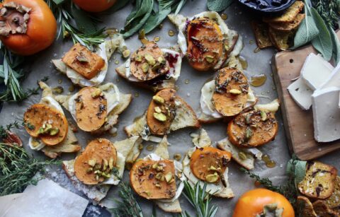 Golden, crispy sourdough toast topped with melty brie and quick marinated persimmons: these Baked Brie Persimmon Tartines are my favorite fall appetizer.