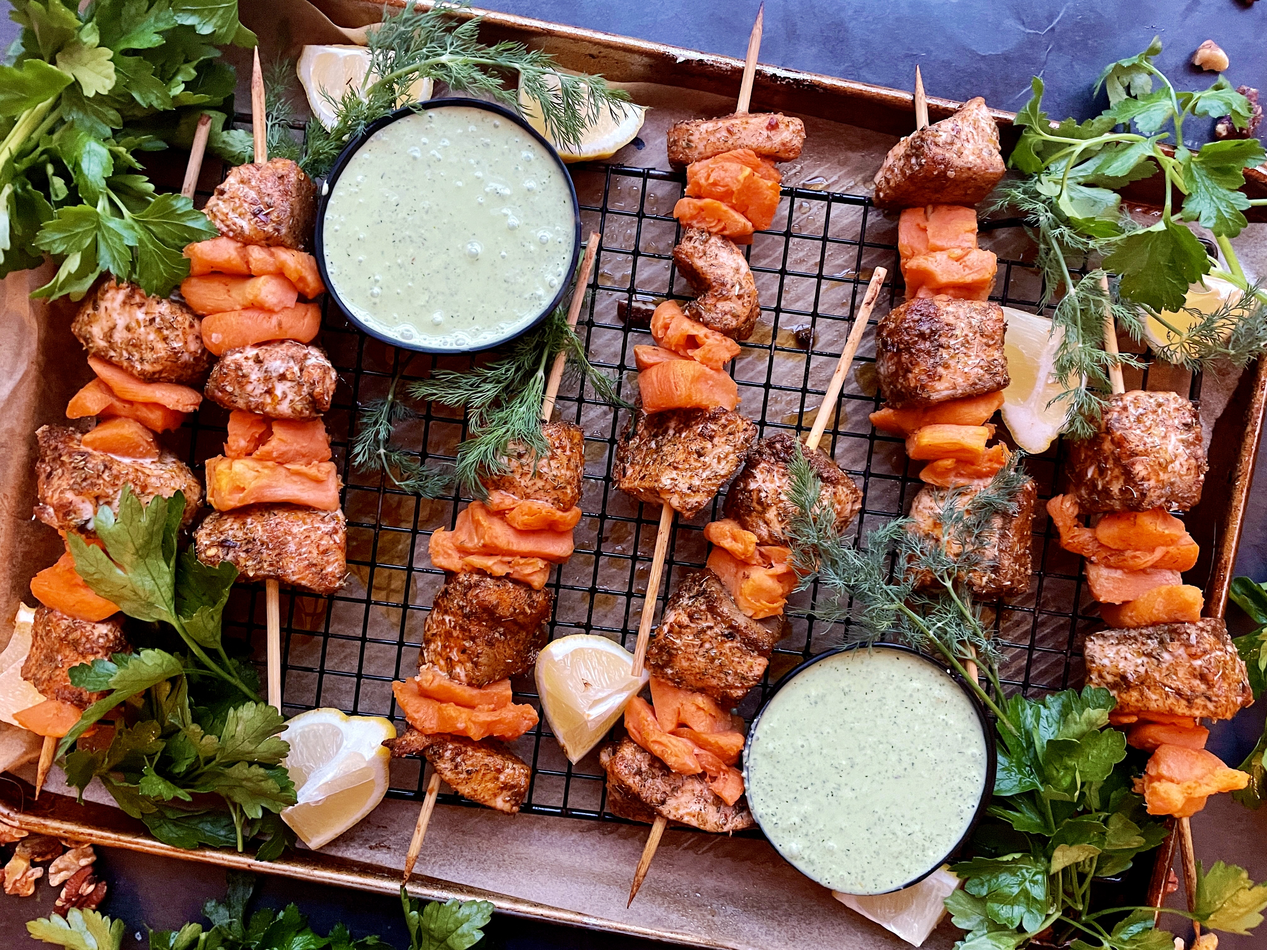 Smashed Sweet Potato Salmon Skewers with Parsley Dill Sauce