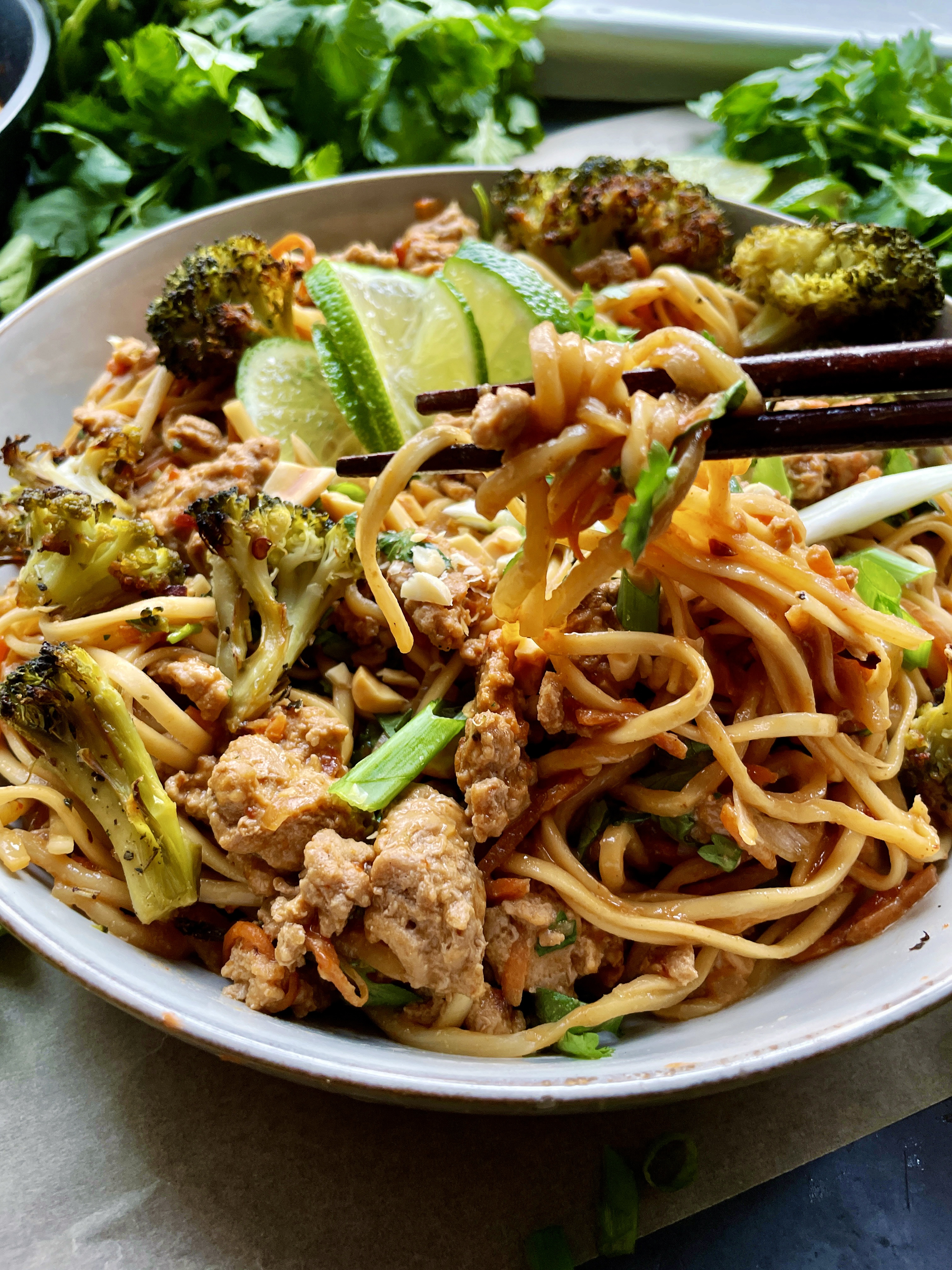 A thick and spicy chili garlic sauce tossed up with your favorite Asian noodles, all the fresh bites, and the most juicy pork larb: these Spicy Asian Pork Dan Dan Noodles are truly a bite of heaven.