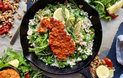 The easiest tangy spiced sun-dried tomato pesto spooned onto a crispy fillet of fish and served over a warm pearled couscous salad: this Crispy Sun-Dried Tomato Cod Over Lemony Couscous is one of my favorite fish recipes out there!