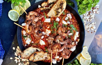 Crispy blackened shrimp, extra garlicky caramelized onion, and creamy feta-y orzo all melted down in a white wine tomato sauce: this Greek Blackened Shrimp Orzo Skillet is an all time favorite fresh meal!