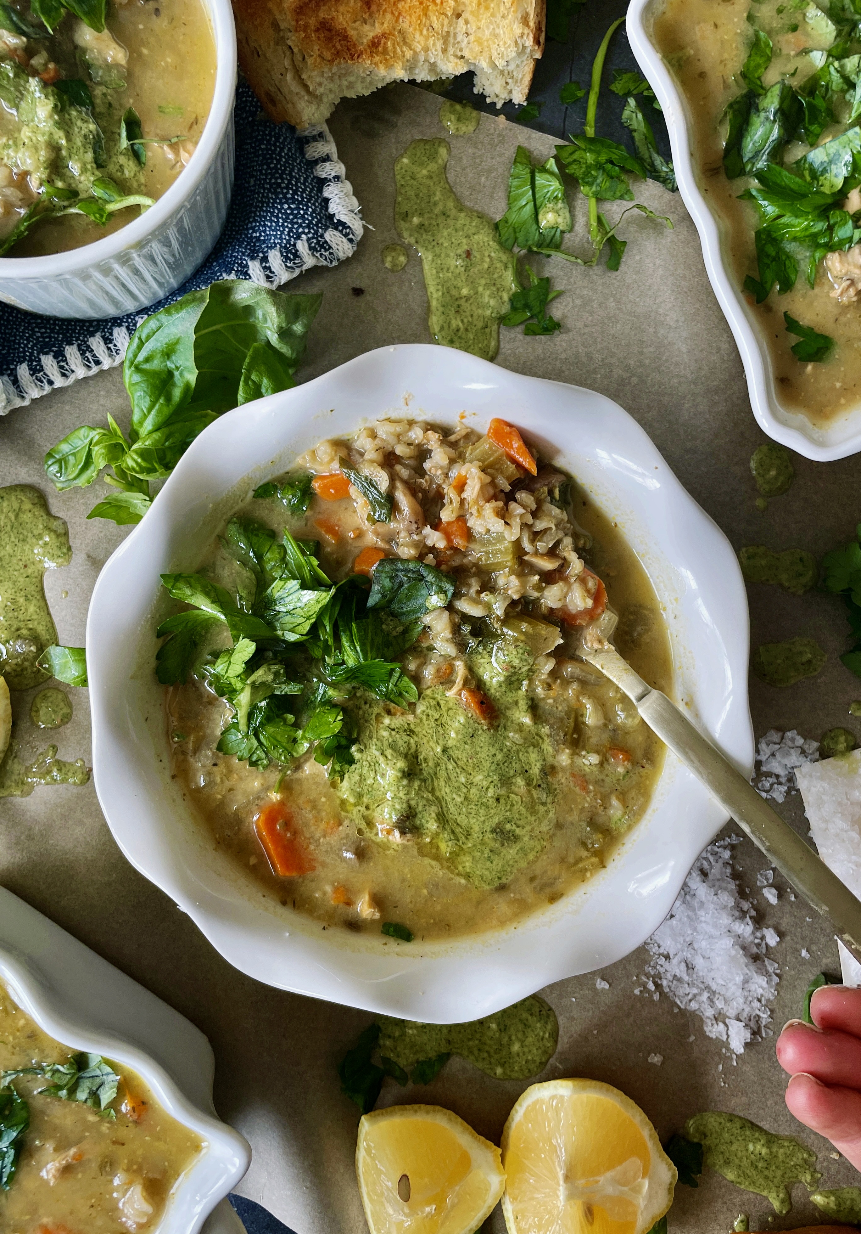 The most herbaceous pesto marinated chicken cooked down in a creamy, healthy traditional Greek chicken and rice soup: this Lemon Pesto Chicken Avgolemono Soup is the coziest dish for these cold days!!