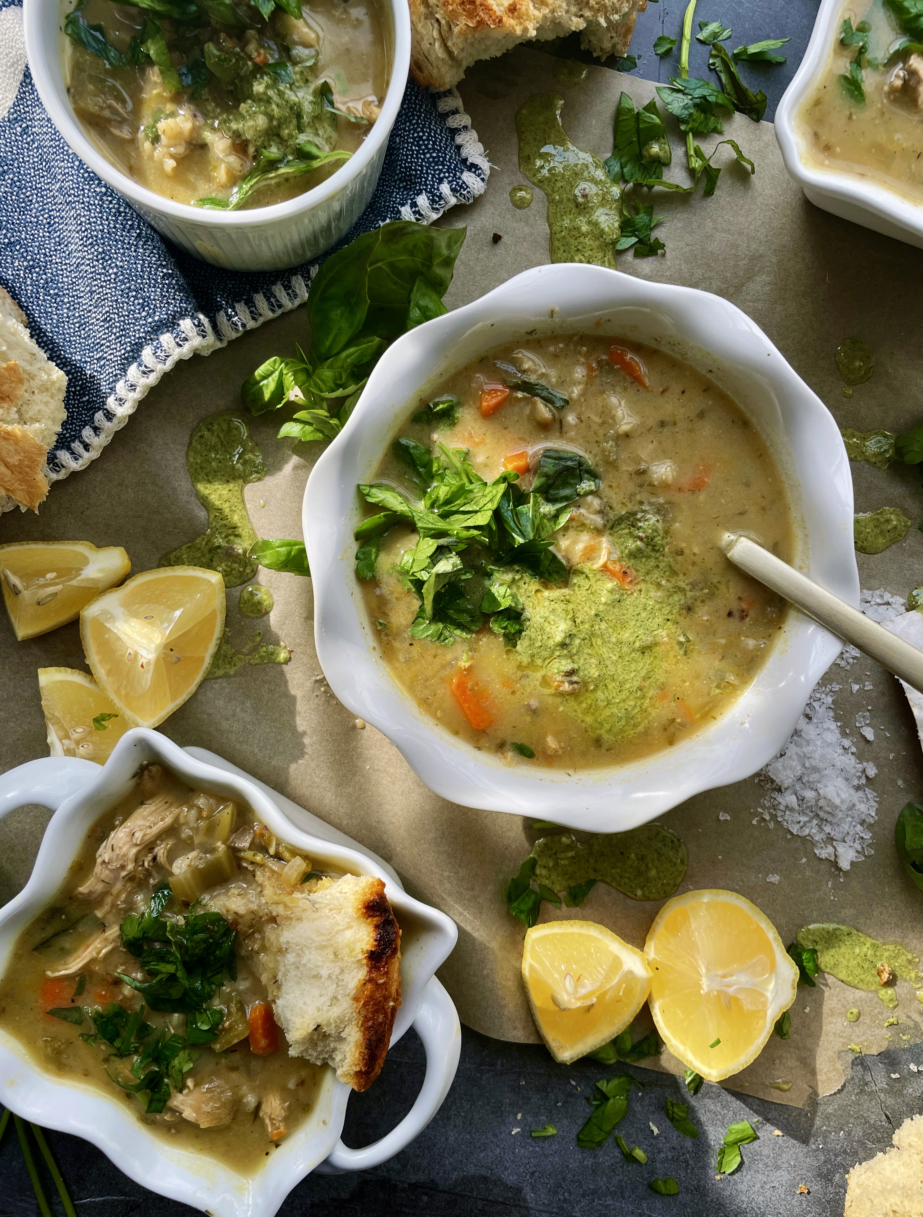 The most herbaceous pesto marinated chicken cooked down in a creamy, healthy traditional Greek chicken and rice soup: this Lemon Pesto Chicken Avgolemono Soup is the coziest dish for these cold days!!