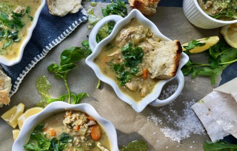 The most herbaceous pesto marinated chicken cooked down in a creamy, healthy traditional Greek chicken and rice soup: this Lemon Pesto Chicken Avgolemono Soup is the coziest dish for these cold days!!
