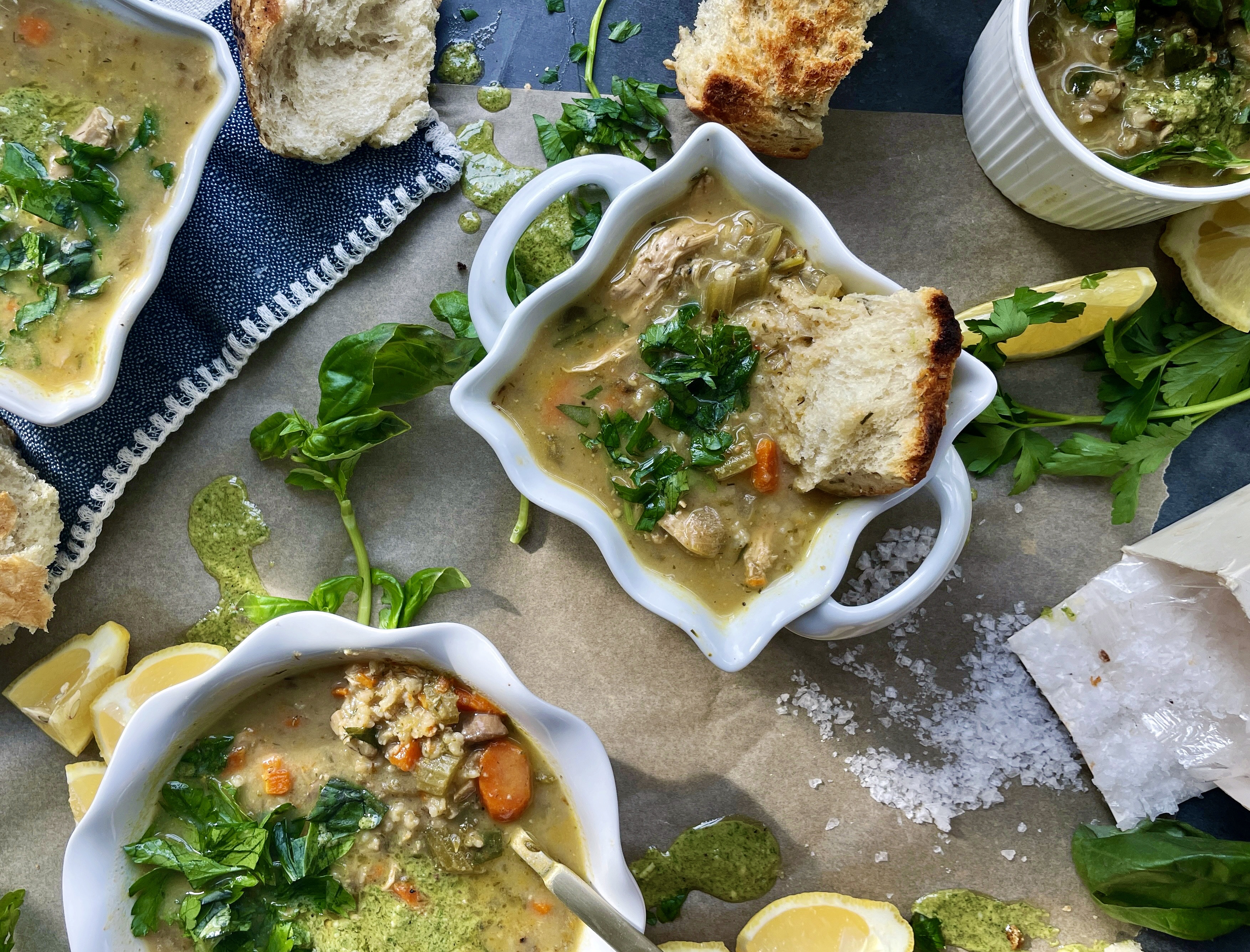 The most herbaceous pesto marinated chicken cooked down in a creamy, healthy traditional Greek chicken and rice soup: this Lemon Pesto Chicken Avgolemono Soup is the coziest dish for these cold days!!