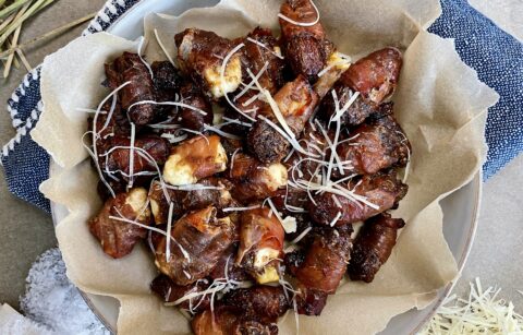 The crispy, salty, tangy, and oh-so sweet bite that comes together in a pinch: you need this Balsamic Parmesan Prosciutto Wrapped Dates and Halloumi recipe at every holiday party this season!