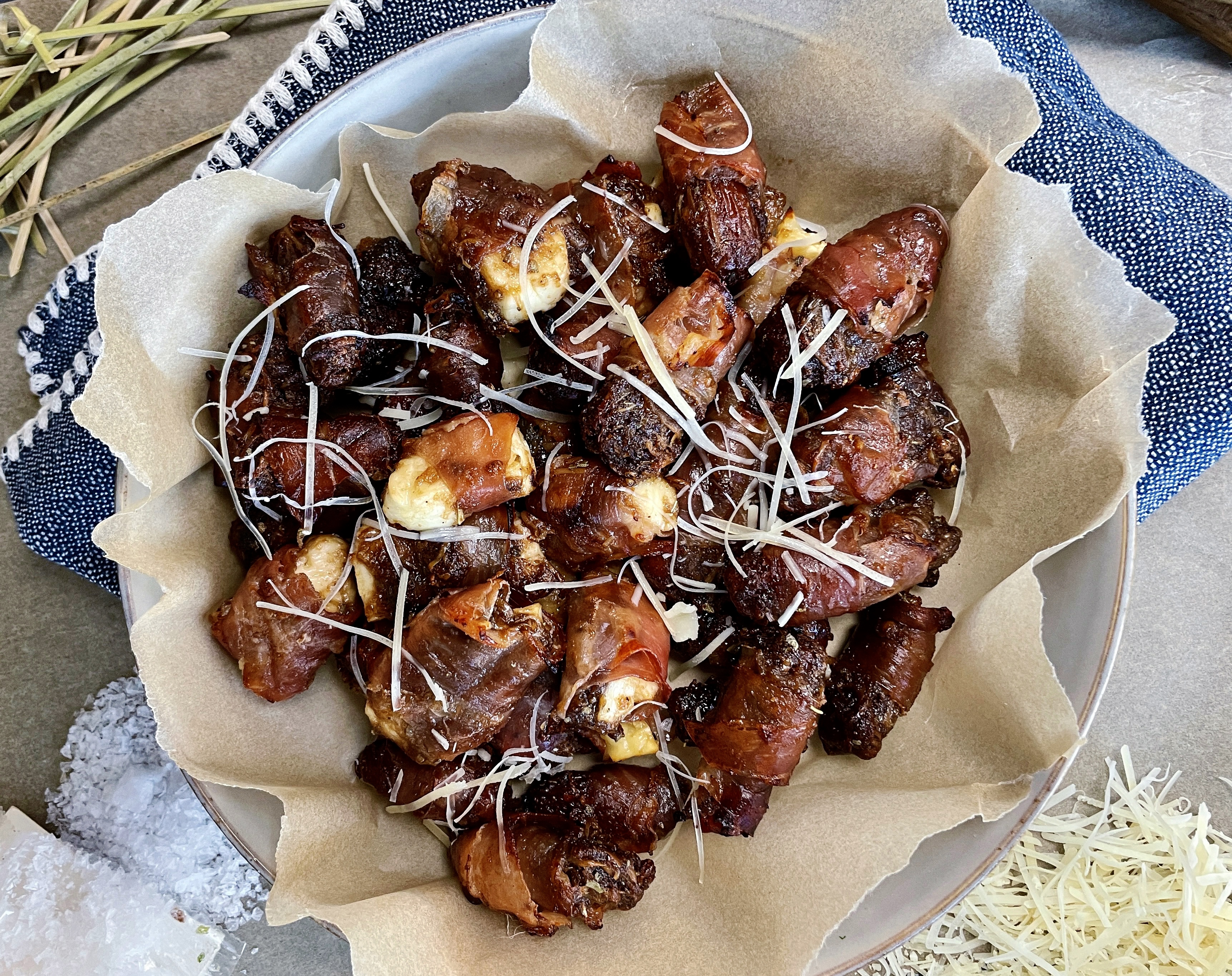 The crispy, salty, tangy, and oh-so sweet bite that comes together in a pinch: you need this Balsamic Parmesan Prosciutto Wrapped Dates and Halloumi recipe at every holiday party this season!