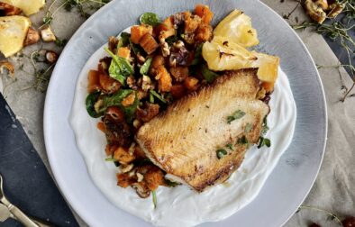 A crisp, golden fillet of sea bass over a bed of creamy whipped ricotta and a sweet and salty roasted butternut squash hash: this Caramelized Butternut Squash and Whipped Ricotta Sea Bass is simplicity at its finest.