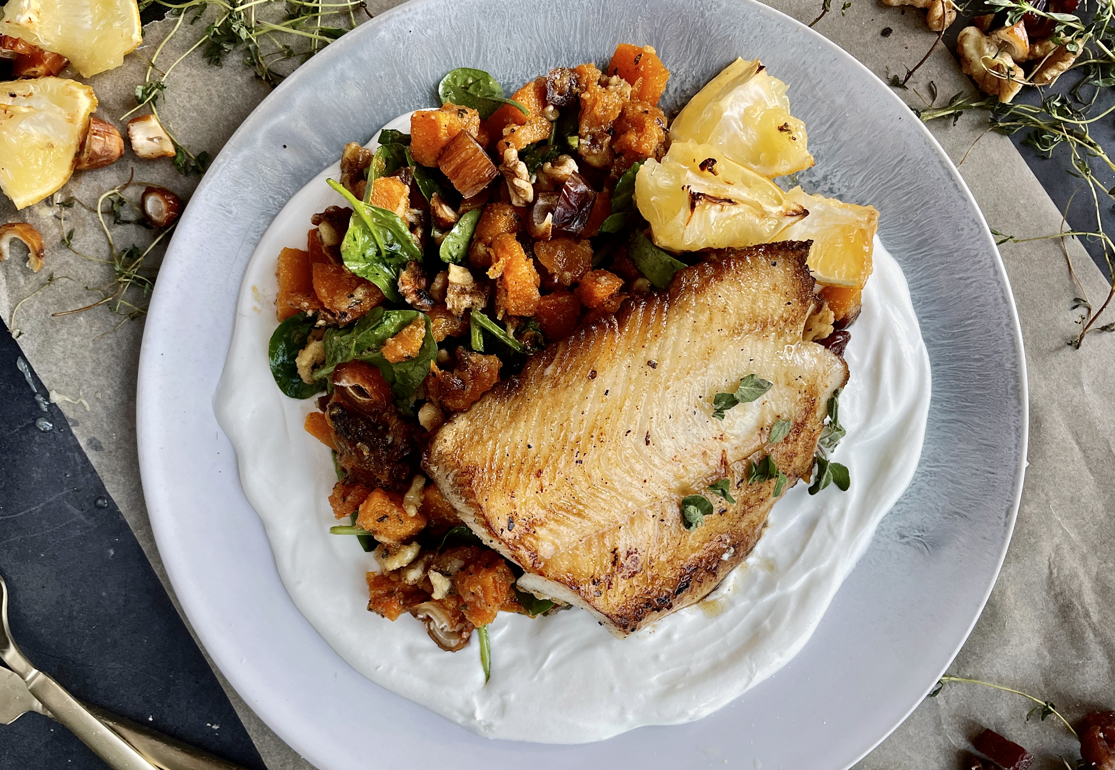 Caramelized Butternut Squash and Whipped Ricotta Sea Bass