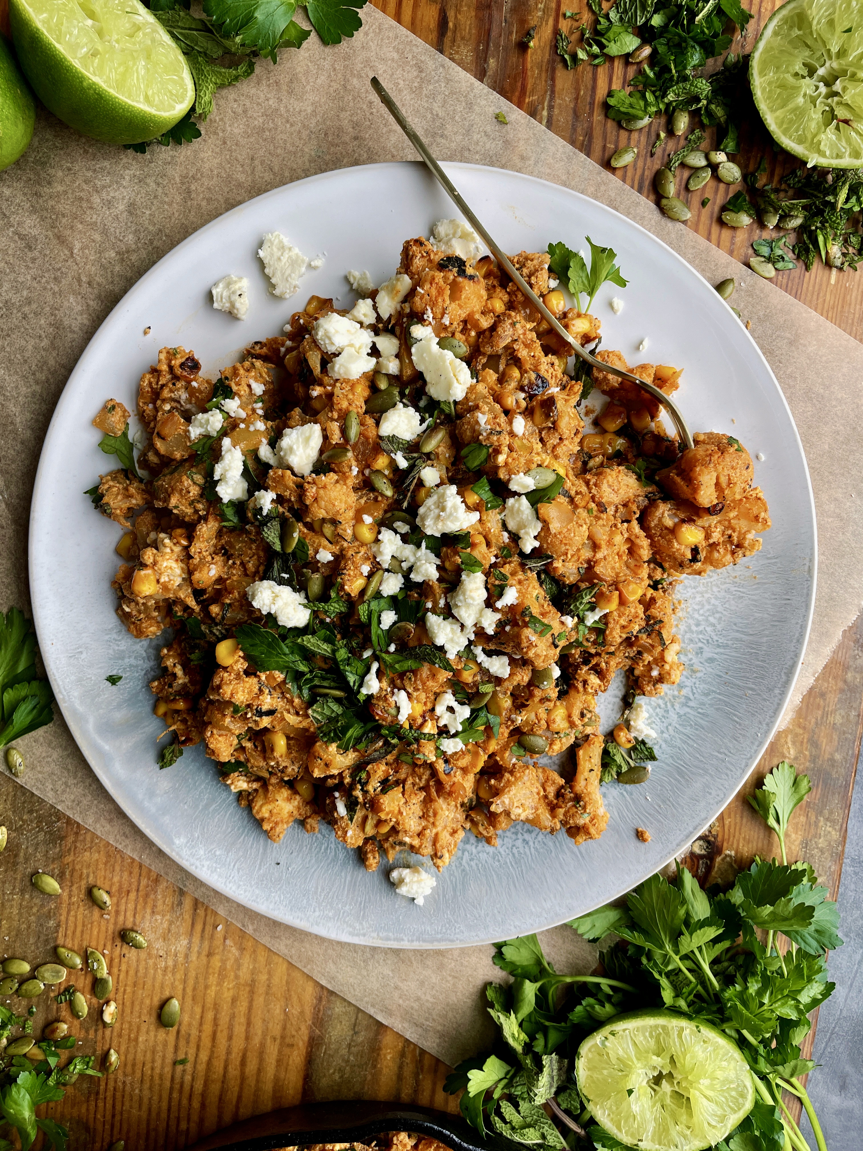 The zesty, creamy, and a bit lighter take on everyone’s favorite mexican veggie dish: this Healthier Mexican Street Corn Cauliflower is the only way I’ll be eating cauliflower from now on!!