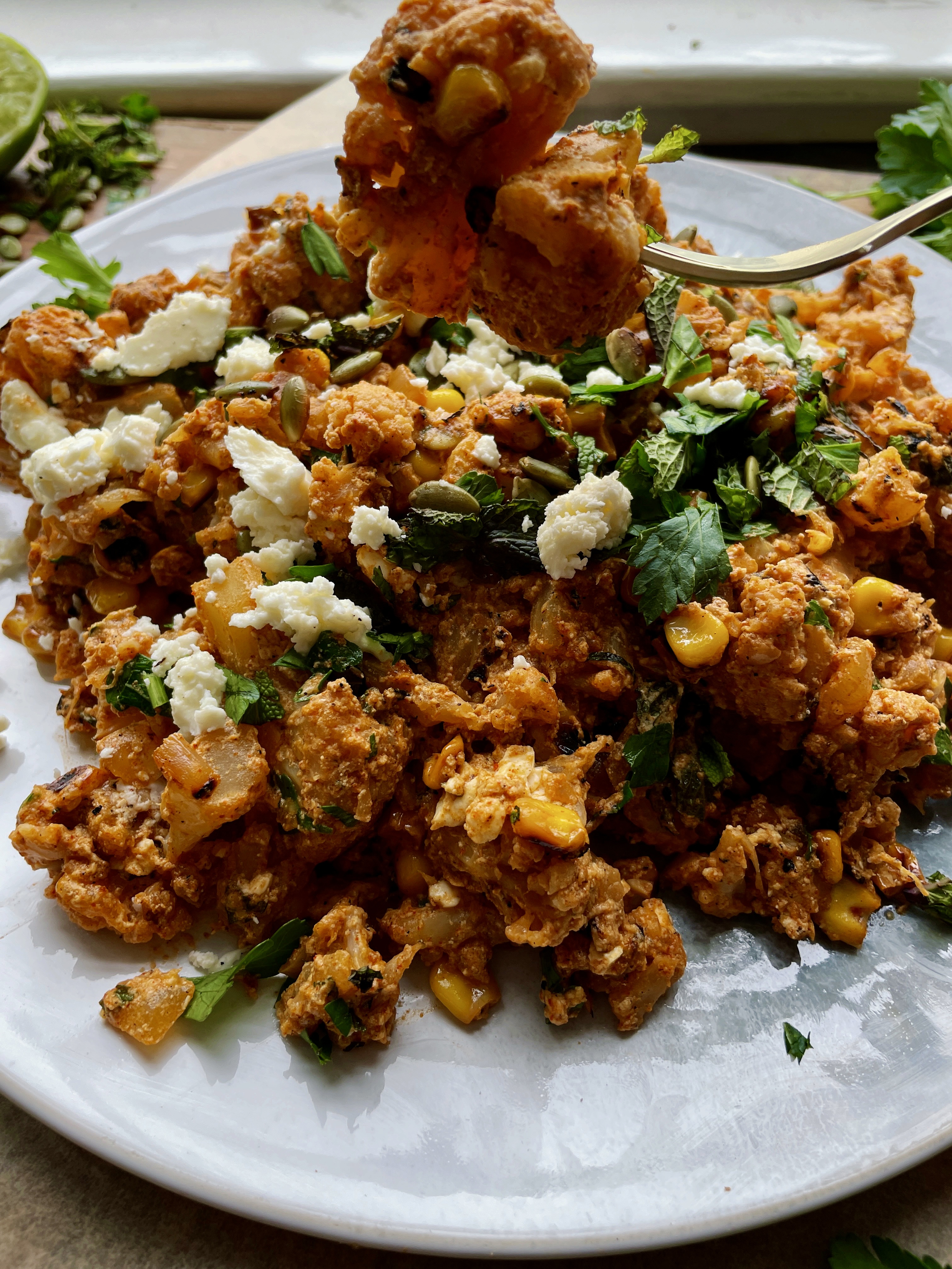 The zesty, creamy, and a bit lighter take on everyone’s favorite mexican veggie dish: this Healthier Mexican Street Corn Cauliflower is the only way I’ll be eating cauliflower from now on!!