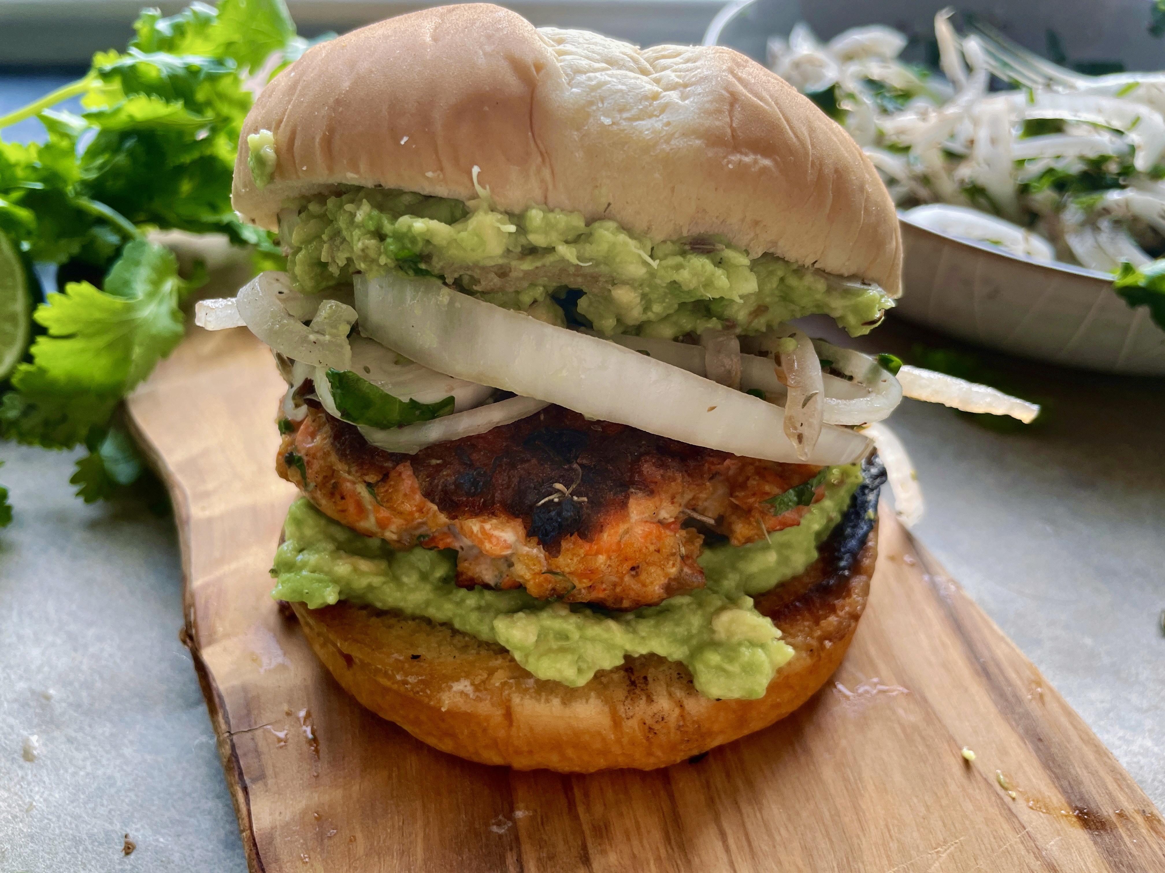 Zesty Avocado Cilantro Salmon Burgers