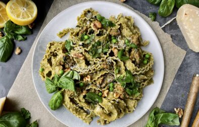 Charred, spicy, chicken sausage tossed up with a sharp parmesan, basil, and smashed pea pesto in your favorite pasta: this Spicy Chicken Sausage Pea Pesto Tagliatelle is my ultimate comfort food.